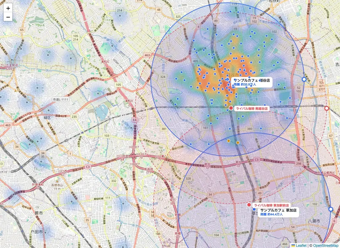 座標化した顧客の分布を密度ヒートマップとして商圏円に重ねた見晴の画面例（デモデータ）