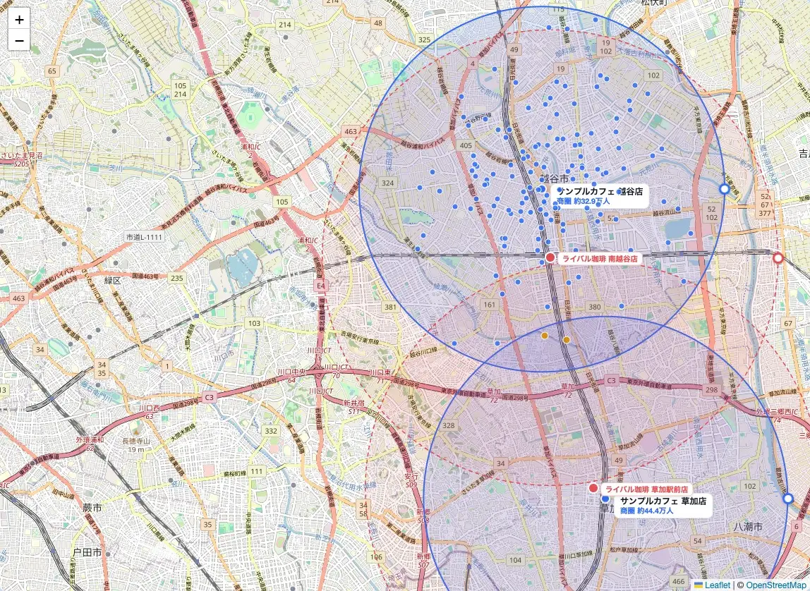 2店舗の配信円の重なりと競合の商圏、顧客分布を1枚の地図に重ねた見晴の画面例（デモデータ）