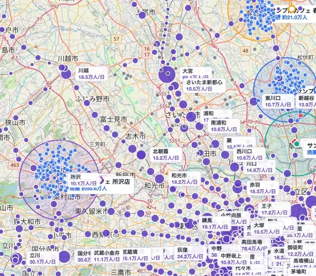 駅ごとの乗降客数が円の大きさで表示された地図の拡大図。大宮・浦和・所沢周辺